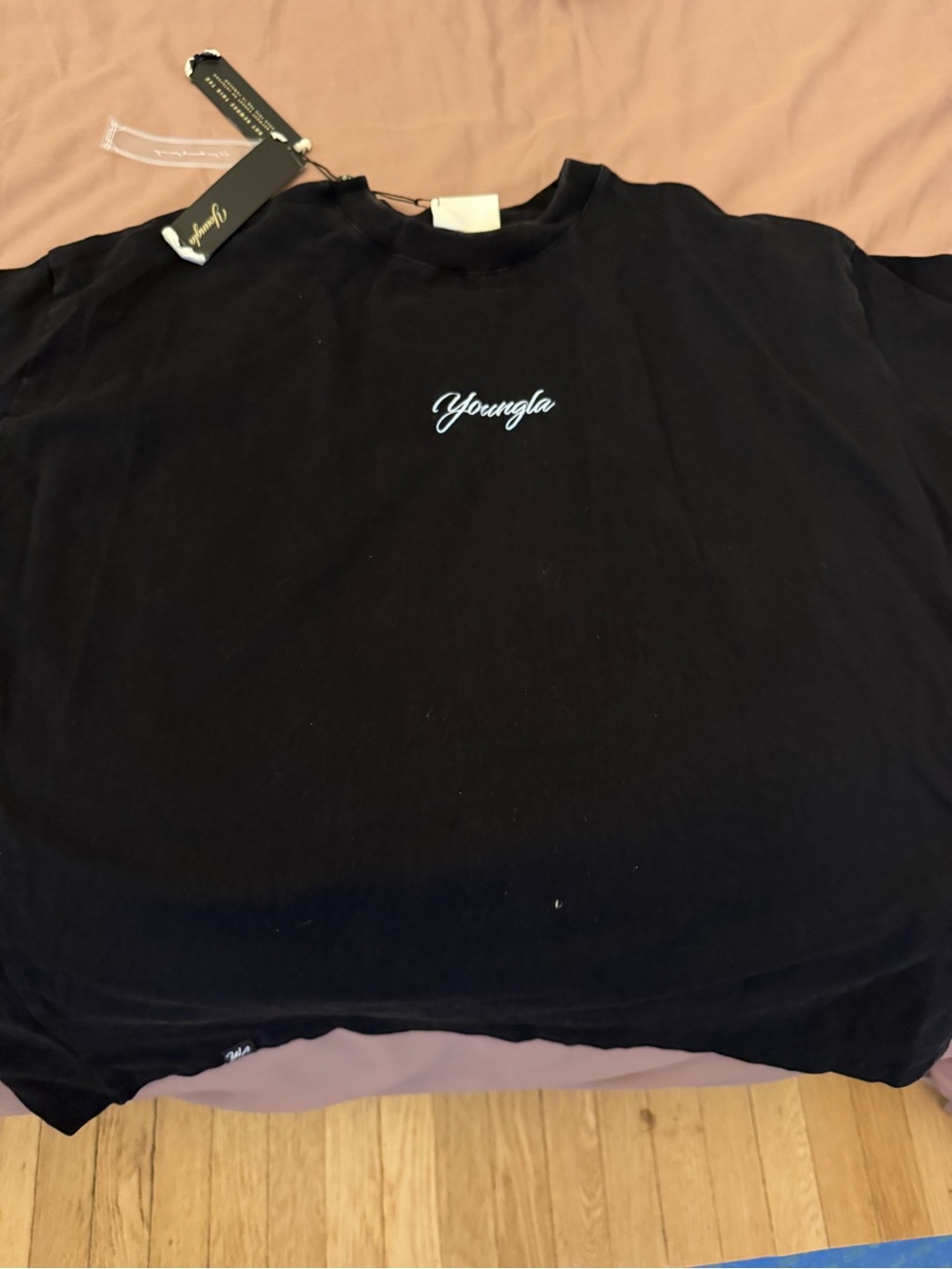 YoungLA Black Short Sleeve Tee with Light Blue Script Logo